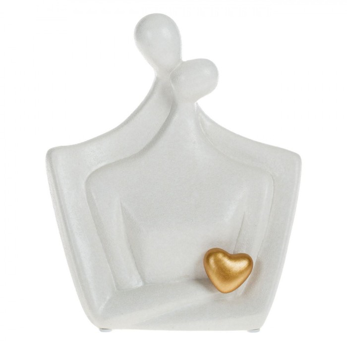 Statuie Decorativă Ceramică, Model Cuplu &Icirc;mbrățișat, Culoare Alb, &Icirc;nălțime 20cm, Detaliu Inimă Aurie