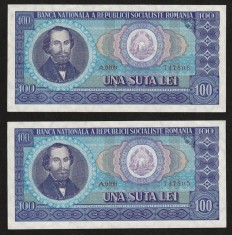 Romania, 2 buc 100 lei 1966_XF+++_aUNC consecutive, fara pliu de indoire_A 0109 737805-806