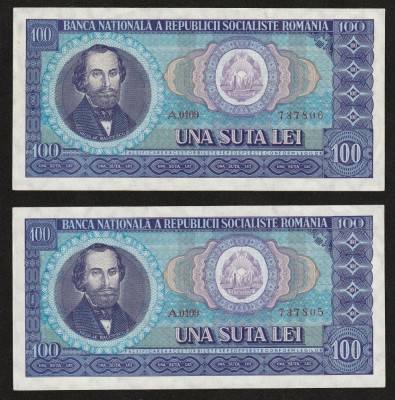 Romania, 2 buc 100 lei 1966_XF+++_aUNC consecutive, fara pliu de indoire_A 0109 737805-806 foto