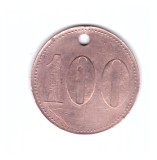 Jeton interbelic romanesc 100 unitati/lei, fara identificare, abele fete la fel, alama