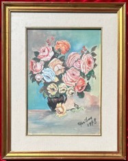Tablou 1978 Natură statică cu Flori Trandafiri pictura in acuarele, &icirc;nrămat rama lemn 40x50cm