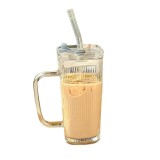 Pahar pentru racoritoare, flippy, din sticla, 330 ml, cu pai si maner, model clear dungi verticale, transparent