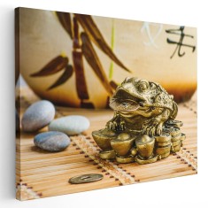 Tablou canvas statueta broasca Feng Shui de aur, auriu, maro 1283 Tablou canvas pe panza CU RAMA 20x30 cm