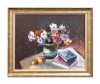 Tablou vaza cu anemone, carti si fructe pictat manual inramat, 60x50cm ulei pe panza, Geo Ungureanu