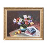 Tablou vaza cu anemone, carti si fructe pictat manual inramat, 60x50cm ulei pe panza, Geo Ungureanu