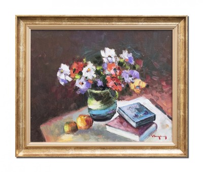 Tablou vaza cu anemone, carti si fructe pictat manual inramat, 60x50cm ulei pe panza, Geo Ungureanu foto