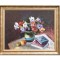 Tablou vaza cu anemone, carti si fructe pictat manual inramat, 60x50cm ulei pe panza, Geo Ungureanu