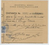 Romania, Ministerul Muncii, Casa Constructiilor, Chitanta, Bucuresti, 1940