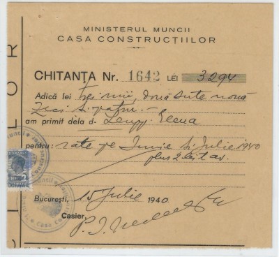 Romania, Ministerul Muncii, Casa Constructiilor, Chitanta, Bucuresti, 1940 foto