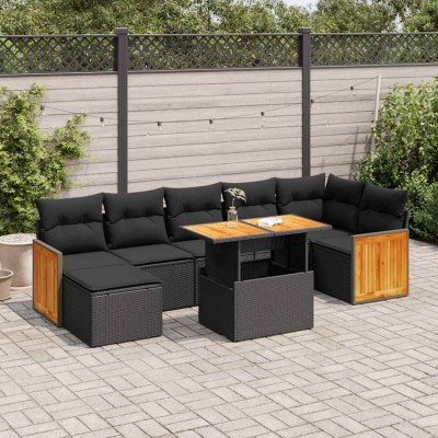 vidaXL Set mobilier grădină perne 8 piese negru, poliratan/lemn acacia 3327737 foto