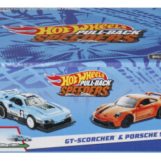 HOT WHEELS SET 2 MASINUTE METALICE PULL BACK GT-SCORCHER SI PORSCHE 911 GT3 1:43 SuperHeroes ToysZone