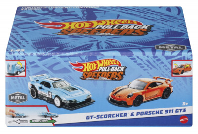 HOT WHEELS SET 2 MASINUTE METALICE PULL BACK GT-SCORCHER SI PORSCHE 911 GT3 1:43 SuperHeroes ToysZone foto