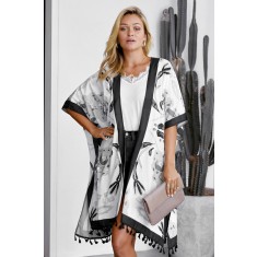 J755-211 Kimono cu print abstract si ciucurei in partea inferioara