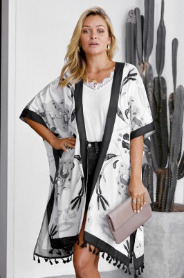 J755-211 Kimono cu print abstract si ciucurei in partea inferioara foto