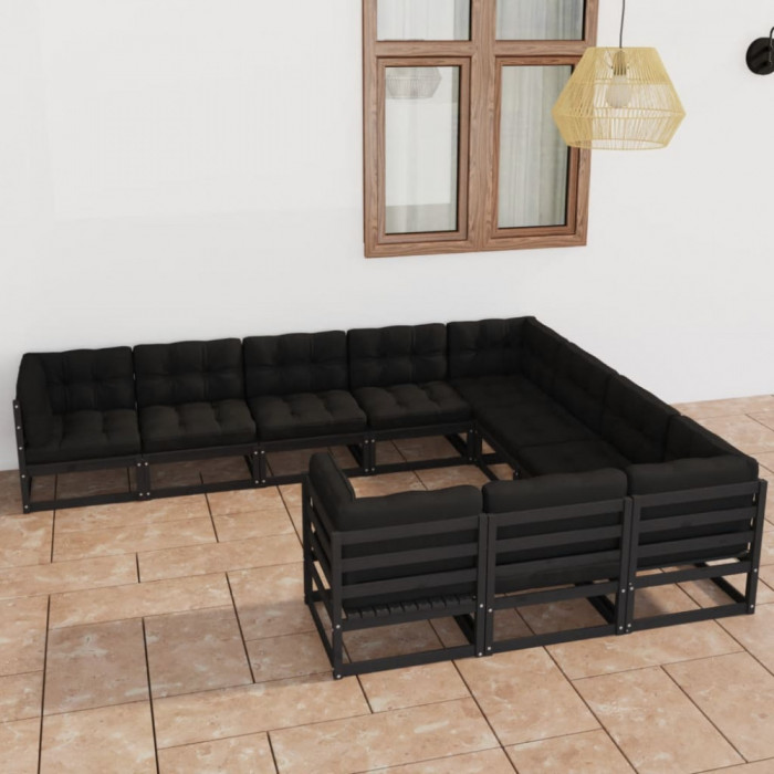 Set mobilier gradina cu perne, 10 piese, negru, lemn masiv pin GartenMobel Dekor