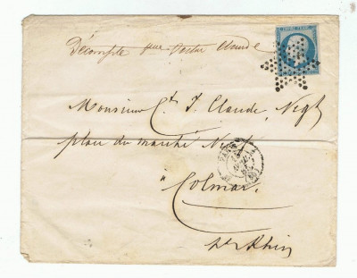 France 1855 Postal History Rare Cover PARIS 3e (60) to COLMAR D.714 foto