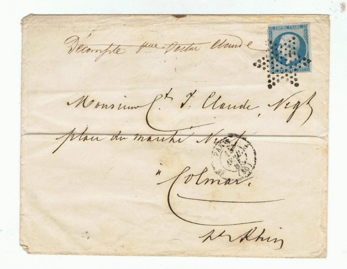 France 1855 Postal History Rare Cover PARIS 3e (60) to COLMAR D.714
