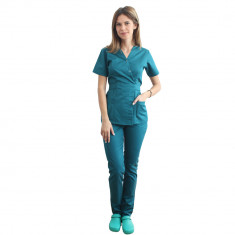 Costum medical verde tuborg, cu bluza tip kimono si pantaloni verzi cu elastic XL INTL foto