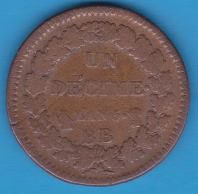 (M1021) MONEDA FRANTA - UN DECIME L&amp;#039;AN 5 (1796), LIT. BB - MAI RARA foto