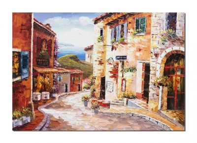 Tablou peisaj citadin mediteranean pictat manual, TIHNA, 100x70cm ulei pe panza, Valentin Pop foto