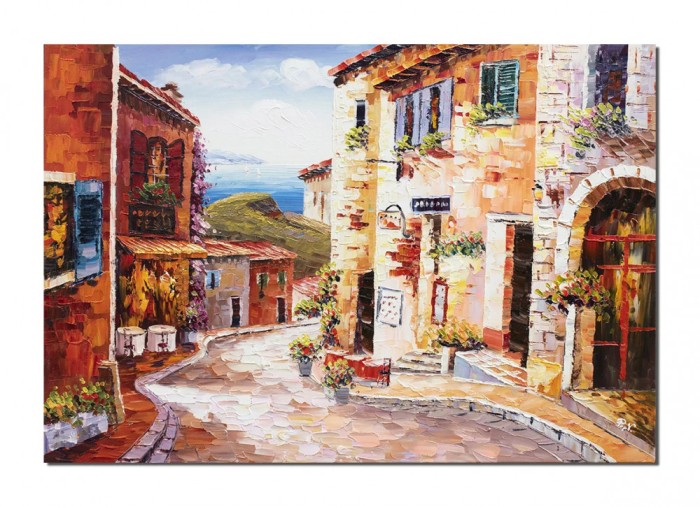 Tablou peisaj citadin mediteranean pictat manual, TIHNA, 100x70cm ulei pe panza, Valentin Pop