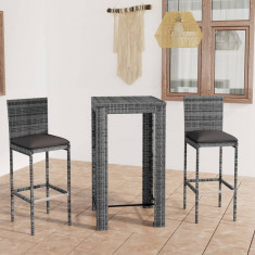 vidaXL Set mobilier bar de exterior cu perne, 3 piese, gri, poliratan