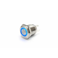 Buton push iluminat fara mentinere, 3A 12V DC, 16mm, IP67, metalic, inel LED albastru, 4 pini, FLM16-FJ-2-EX000-S10M4-BLUE