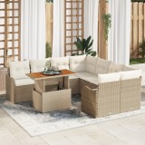 Set de canapele de grădină vidaXL cu 9 piese și perne Bej Ratan Poli Acacia, Set de canapea de grădină vidaXL cu 2 locuri și perne Bej Ratan Poli