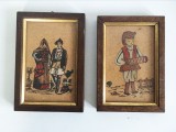 2 tablouri pictura in tus pe pluta, oameni/ costume traditionale, rama 16x11 cm, Portrete, Cerneala, Altul