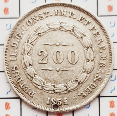 1254 Brazilia 200 Reis 1854 Pedro II tiraj 37.000 (gaurita) km 469 argint foto