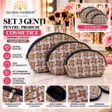 Set de 2 unități: Set 3 genți pentru cosmetice, imprimeu carouri, maro