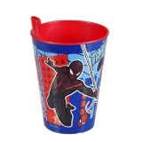 Pahar din plastic cu pai incorporat, 260 ml, Albastru si Rosu, Model Spiderman, CMCLASS