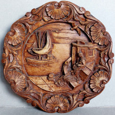 Aplica 24cm sculptata manual din lemn de stejar, artizanat popular vintage
