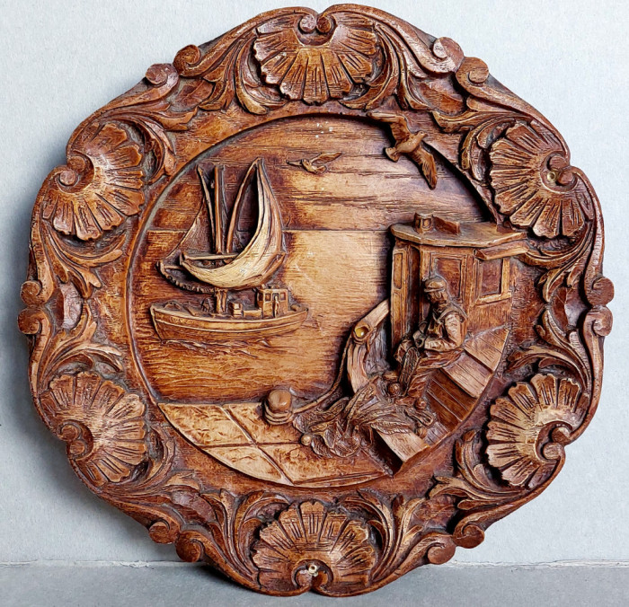 Aplica 24cm sculptata manual din lemn de stejar, artizanat popular vintage