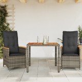 vidaXL Set bistro de grădină cu perne, 3 piese, gri, poliratan