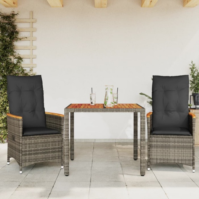 Set bistro de grădină cu perne, 3 piese, gri, poliratan