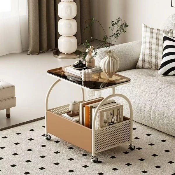 Masuta portabila cu compartiment pentru depozitare, blat din sticla, cadru metalic, dimensiuni 56 x 55 x 36 cm, alb/negru