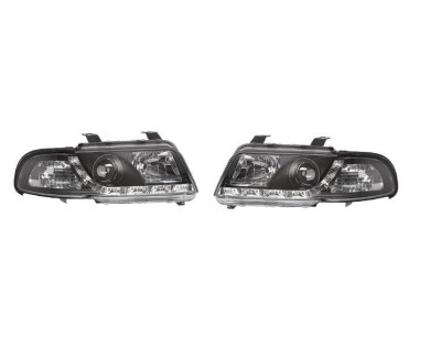 Set faruri tuning AUDI A4 (B5), 01.1999-09.2001, fata, partea stanga+dreapta, Taiwan, cu lumina de parcare LED; H1+H1; manual/electric; negru, transp foto