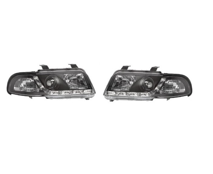 Set faruri tuning AUDI A4 (B5), 01.1999-09.2001, fata, partea stanga+dreapta, Taiwan, cu lumina de parcare LED; H1+H1; manual/electric; negru, transp