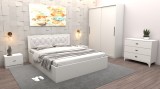 Set Dormitor Maia Alb Pat 160 cm x 200 cm + Noptiere + Dulap cu usi glisante 150 cm x 200 cm + comoda