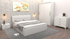 Set Dormitor Maia Alb Pat 160 cm x 200 cm + Noptiere + Dulap cu usi glisante 150 cm x 200 cm + comoda