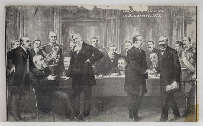 CONFERINTA BALCANICA IN BUCURESTI , DELEGATII , GRAVURA DE EPOCA , CARTE POSTALA 1913 foto