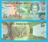 Insulele Cayman (pick 39) 5 Dollars 2010 UNC serie: D/I 003594; Papagali Cayman