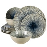 Set farfurii 12 piese, 4 persoane, MoonLight, Alb Ivoire Lucios, linii albastre