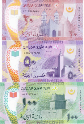 Bancnota Mauritania 20, 50, 100 Ouguiya 2017-20 - P22/23/27 UNC (set x3 polimer) foto