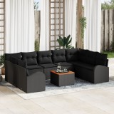 Gossi set canapele de gradina cu 10 piese si perne din ratan poli negru, acacia, Gossi canapea de gradina cu 2 locuri cu depozitare si perne din ratan