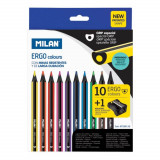 Cumpara ieftin Set 10 Creioane Color MILAN Maxi Ergo, Corp din Lemn Negru, 10 Culori Diferite si Ascutitoare Inclusa, Set Creioane Colorate, Creioane Colorate, Creio