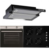 Pachet Incorporabil Hausberg Cuptor electric HB-8051IN, Clasa A, 76L, 2000W, Negru/Inox, Plita Incorporabila HB-563NG, 4 arzatoare, Gaz, Sticla, Negru