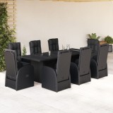 Set mobilier de grădină cu perne, 9 piese, negru, poliratan