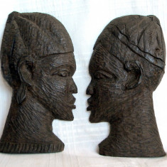 Set 2 sculpturi etnice africane Etiopia, profiluri cuplu, altorelief lemn abanos